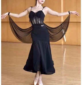 Women young girls black flowy ballroom dance dresses waltz tango foxtrot rhythm competition stage performance costumes for lady